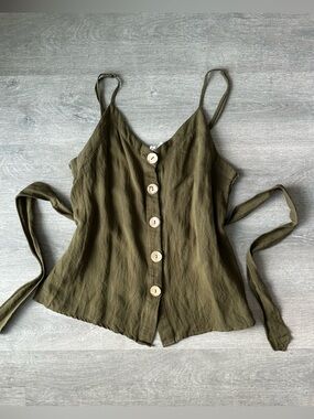 Pink Martini olive green button up cami tie waist